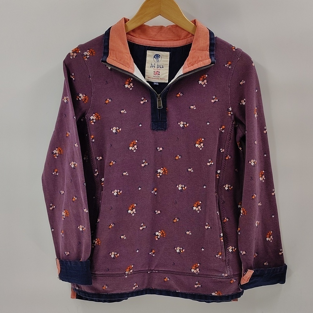 Fat Face Airlie Sweatshirt Sz 4 Pullover Quarter Zip Purple Long Sleeve Cotton